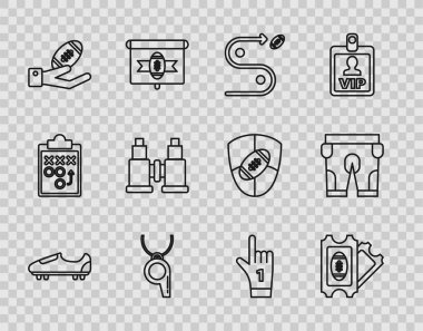 Çizgili futbol ya da dikenli futbol ayakkabıları, Amerikan futbolu bileti, planlama stratejisi konsepti, ıslık, el, dürbün, bir numaralı fan eldiveni kaldırılmış ve kısa pantolon ikonu. Vektör