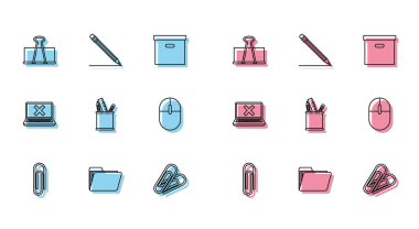 Satır Kağıt Ataç, Belge dizini, Binder, Kalem kutusu kırtasiyesi, Bilgisayar faresi, Laptop ve çapraz işaretleme ekranını ve silgi satırı simgesiyle ayarla. Vektör