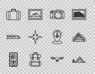 Uçuş kartı, fotoğraf makinesi, yürüyüş sırt çantası, seyahat çantası, rüzgar gülü, İHA uçuş videosu ve Globe uçak ikonu olan akıllı telefonu ayarla. Vektör