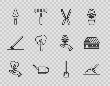 Çevre koruma, bahçe küreği ya da kürek, bahçe makasları, budamak için el yapımı makas, su kovası, kürek ve çiftlik evi ikonu. Vektör