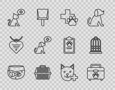 Balık oltası, evcil hayvan ilk yardım çantası, veteriner kliniği sembolü, çanta ve kuş ikonu için kafes koyun. Vektör