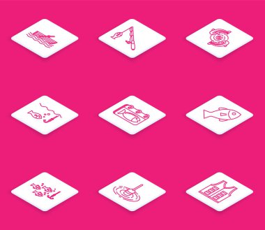 Kürekleri suya, oltaya ve balığa takılmış oltaya takılı balıkçı teknesi, Takvim ve yüzen ikon. Vektör