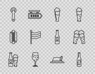 Set hattı bira şişesi ve cam, bir bardak bira, şişe açacağı, Ulusal Almanya bayrağı, Oktoberfest şapkası ve ikonu. Vektör