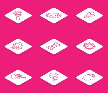 Çizgi büyüteç ve teçhizat ayarla, içinde insan olan, ampul kontrol işareti, iş stratejisi, proje ekibi üssü, kafa avlama konsepti ve arama insanları simgesi. Vektör