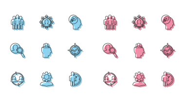 İnsan kaynaklarını ayarlayın, ekipman içerideyken, Kullanıcı grubu, Zaman Yönetimi, Proje ekibi üssü, Hedef ve kontrol işareti, Arama ekibi ve simge için büyüteç. Vektör