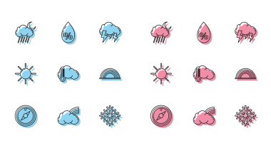 Set çizgisi yükseldi, Bulutlu Gökkuşağı, Bulutlu yağmur ve ay, Kar Tanesi, Termometre, Güneş ve Su Düşürme yüzdesi simgesi. Vektör
