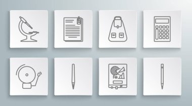 Satır Çalma Alarmı, Dosya Belgesi ve Kağıt Ataç, Grafik Çizelgesi, Kalem Silgi, Okul Sırt Çantası, Hesap Makinesi ve Mikroskop simgesini ayarla. Vektör