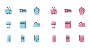 Buzdolabını, uzaktan kumandayı, televizyonu, çifte kazanı, ocağı, elektrikli ütüyü, masa lambasını ve ikonu ayarla. Vektör