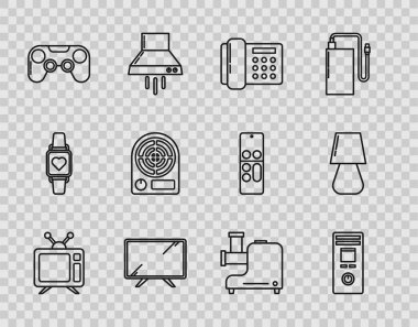 Televizyon, uzaktan kumanda, telefon, akıllı televizyon, oyun konsolu, elektrikli ısıtıcı, mutfak kıyma makinesi ve masa lambası ikonu. Vektör