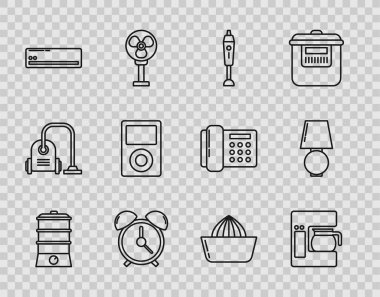 Çift taraflı kazan, cam demlikli kahve makinesi, blender, alarm saati, klima, müzik çalar, meyve sıkacağı ve masa lambası ikonu. Vektör