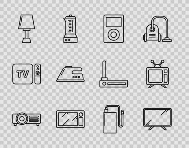 Set hattı, Smart Tv, müzik çalar, mikrodalga fırın, masa lambası, elektrik ütüsü, elektrik bankası ve farklı elektrik kabloları ve televizyon ikonu. Vektör