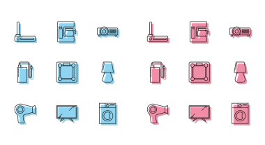 Saç kurutma makinesi, akıllı televizyon, router ve wi-fi sinyali, çamaşır makinesi, banyo terazisi, masa lambası, elektrik kablosu ve kahve makinesi cam ikonu. Vektör
