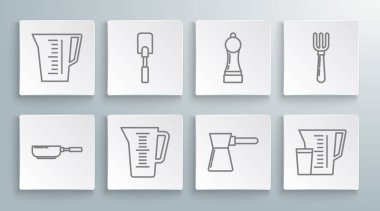 Hattı kurun, tava, Spatula, ölçü kabı, Türk kahvesi, Biber, Çatal ve ikon. Vektör