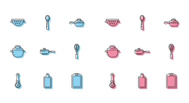 Pizza bıçağı, kesim tahtası, mutfak kevaşesi, kızartma tavası, çırpma kabı, tencere ve kaşık ikonu. Vektör