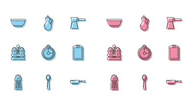 Salt, Spoon, Bowl, kızartma tavası, mutfak zamanlayıcısı, kesme tahtası, biber ve bir şişe zeytinyağı ikonu. Vektör
