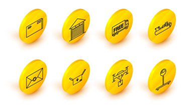Satır ölçeklendirme, paketli teslimat dronu, karton kutu trafik sembolü, zarf, kargo kutusu teslimat hizmeti, Ücretsiz, Kapalı depo ve simge. Vektör