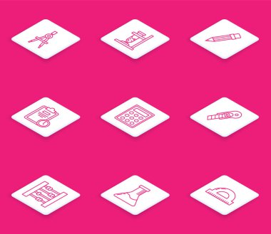 Çizgi çizme pusulası, cam test tüpü şişesi, silgiyle kalem, sınav kağıdı, hesap makinesi, kırtasiye bıçağı, abaküs ve test ve kimyasal laboratuvar ikonu. Vektör