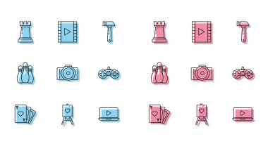 Satranç, Online oyun videosu, foto kamera, Gamepad, bovling rozeti ve video ikonu. Vektör