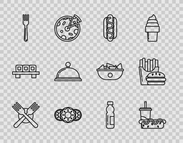 Set Kreuzgabel, Hotdog-Sandwich-Senf, Donut süße Glasur, Gabel, gedeckte Tablett mit Lebensmitteln, Flaschenwasser und Burger Pommes Karton Verpackung Symbol. Vektor — Stockvektor