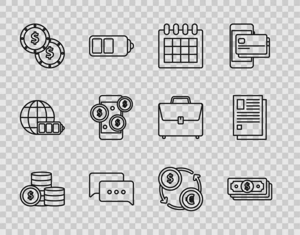 Set line Münzgeld mit Dollarsymbol, Stapelt Papiergeld, Kalender, Sprechblasenchat, Smartphone, Geldwechsel und Dateidokument-Symbol. Vektor — Stockvektor