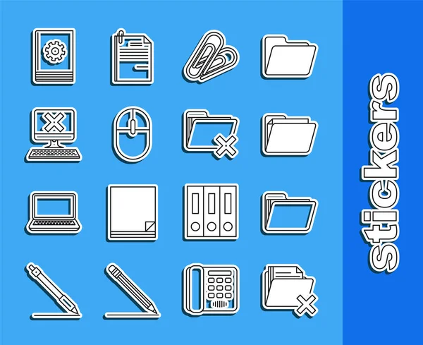 Définir la ligne Supprimer le dossier, Document, trombone, Souris d'ordinateur, avec clavier et marque x, Manuel d'utilisation et icône. Vecteur — Image vectorielle