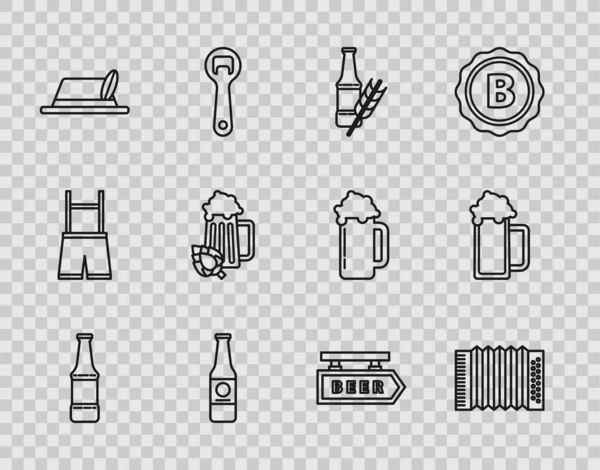 Ställ in linje Öl flaska, Musikinstrument dragspel, Oktoberfest hatt, glas öl och hop, Street skylt med inskription och ikon. Vektor — Stock vektor