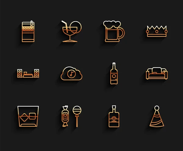 Set lijn Glas whisky en ijsblokjes, Lollipop, Open sigarettenpakje, Whiskeyfles, Party hat, Music streaming service, Sofa en Bier icoon. Vector — Stockvector