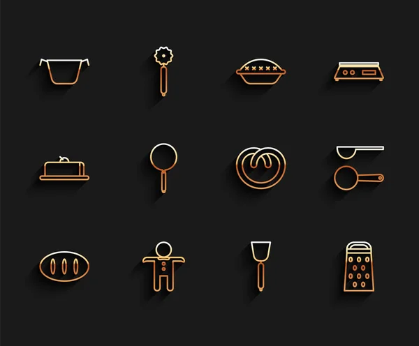 Set Brotlaib, Lebkuchenmännchen, Kochtopf, Spachtel, Reibe, Pfanne, Messlöffel und Brezel-Symbol. Vektor — Stockvektor