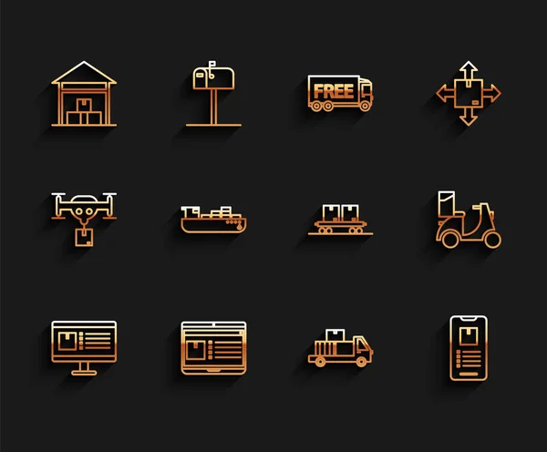Establecer línea Monitor de computadora con seguimiento de entrega de aplicaciones, Ordenador portátil, Almacén, Cajas de cartón de camiones de entrega, Teléfono móvil, Servicio de barco de carga, Scooter y el icono de transporte ferroviario. Vector — Vector de stock