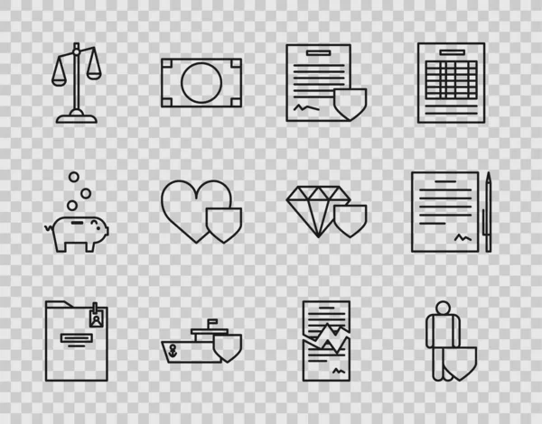 Set line Persoonlijke map, Levensverzekering met schild, Contract, Schip, Schalen van rechtvaardigheid, Hart, gescheurd contract en pen icoon. Vector — Stockvector