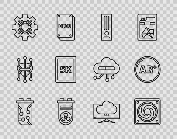 Définir la ligne Carte graphique vidéo, refroidisseur d'ordinateur, console de jeu, processeur, tablette avec texte 5k, écran de moniteur et Ar, icône de réalité augmentée. Vecteur — Image vectorielle