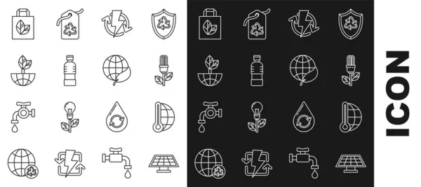 Set line Zonne-energie paneel, Meteorologie thermometer meten, Lamp met blad, Opladen, Fles water, Aarde bol en, Papier boodschappentas recyclen en pictogram. Vector — Stockvector