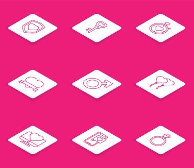 Kalbi kalkanla, anahtarı kalp şeklinde, merkezi kronometre ve kurdele, erkek cinsiyet sembolü, balon formu, bilgisayar monitörü ve akıllı telefon konuşma balonu ikonu şeklinde ayarla. Vektör