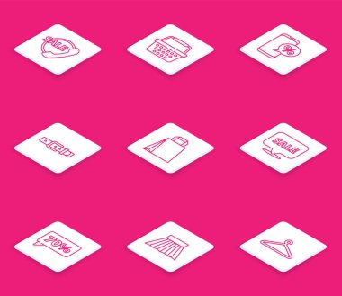 Telefon hattı desteği, alışveriş sepeti, yüzde indirim ve deri kemer, kağıt alışveriş torbası, indirimli tabela, yüzde yetmiş etiket ve etek ikonu. Vektör