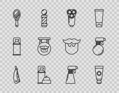 Düz çizgi, krem losyon kozmetik tüp, erkekler için elektrikli bıçak tıraş jeli köpüğü, el aynası, berber dükkanı, kuaför tabancası sprey şişesi ve ikon. Vektör