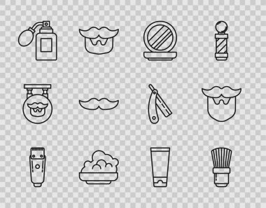 Elektrikli saç makası veya tıraş makinesi, tıraş fırçası, aynalı makyaj tozu, jöle köpüğü, tıraş losyonu atomizörü, bıyık, krem losyon kozmetik tüp ve sakal ikonu. Vektör