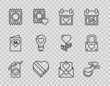 Çizgi kalp etiketi, aşk iksiri şişesi, takvim kalbi, kutu şekeri, prezervatif paketi, ampul, Envelope Valentine ve Lock ikonu. Vektör