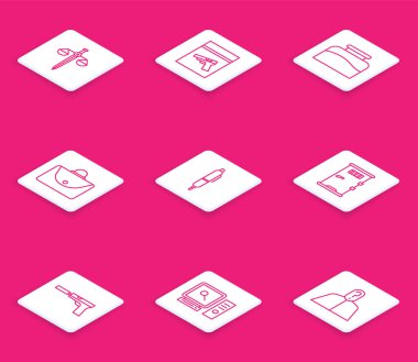 Adaletin tartısı, kanıt çantası, tabanca ya da silah, Inkwell, evrak çantası, Pen, hapishane hücresi kapısı susturuculu Pistol ve bilgisayar ekranı ikonu. Vektör