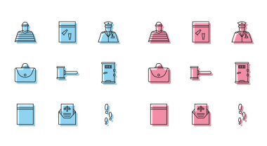 İçinde fermuar, mahkeme celbi, mahkum, ayak sesleri, yargıç tokmağı, hücre kapısı, evrak çantası, kanıt ve kurşun ikonu olan plastik poşet hazırlayın. Vektör