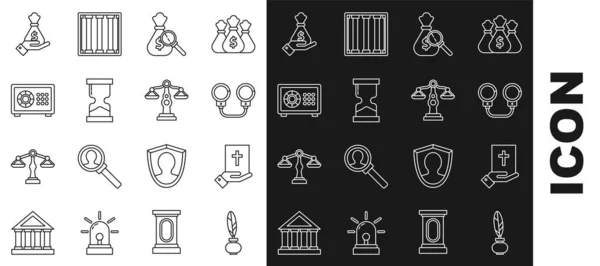 Set line Plume et encrier, Serment sur la Sainte Bible, Menottes, Sac d'argent loupe, Vieil sablier, Coffre-fort, contenant de l'argent et l'icône Échelles de justice. Vecteur — Image vectorielle