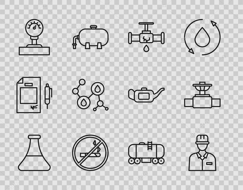 Set line Oil petrol test tube, Oilman, Broken pipe with leaking water, No Smoking, Gauge scale, Molecule oil, railway cistern and Industry and valve icon. Vector