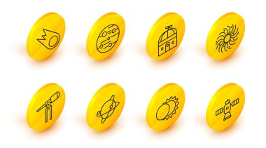 Uydu hattı, Güneş tutulması, Dünya 'nın yörüngesindeki uydular, Teleskop, Kara Delik, Astronomik Gözlemevi, Mars Gezegeni ve Kuyrukluyıldız' ın hızla düşen ikonu. Vektör