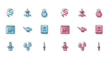 Sihirbaz şapkası ve tavşanı, rünler, sis veya duman, hançer, lamba Aladdin, Antik büyü kitabı ve büyücü ikonu. Vektör