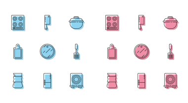 Türk kahvesi, Buzdolabı, Gaz ocağı, Elektrik, Kesme tahtası, Spatula ve Et Helikopteri ikonu. Vektör