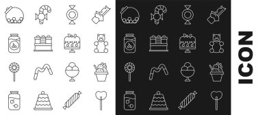 Hattı belirle, lolipop, kasede dondurma, jöle ayı şekeri, şeker, kek, vişne reçel kavanozu, içinde şeker olan bardak ve tabak ikonu. Vektör