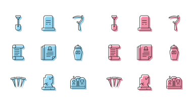 Metalik çiviler, mezar taşı, kürek, mezar taşı, ölüm sertifikası, cenaze vazosu, ferman, parşömen, parşömen, parşömen ve simge. Vektör