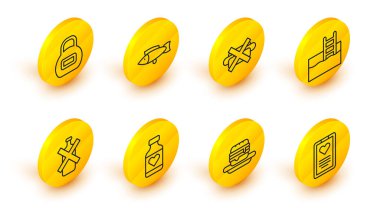 Tıbbi dosya, ıvır zıvır, vitamin hapı, alkol yok, merdivenli yüzme havuzu, ıvır zıvır, balık ve kettlebell ikonu. Vektör