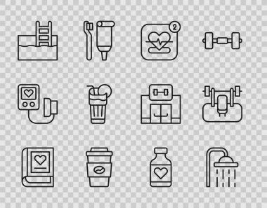 Sabit hat kitabı, duş başlığı, kalp atış hızı olan mobil, kahve kupası, yüzme havuzu merdiveni, taze meyve suyu, vitamin hapı ve Bench barbel ikonu. Vektör