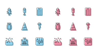 Kartopu, şömine, Noel ağacı, ışıklar, parti şapkası, mikrofon, çelenk ve şampanya ikonu. Vektör