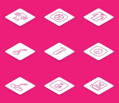 Gaz maskesi, tuz taşı, laboratuvar üniforması, test tüpü ve matara, ateş alevi, pipetli ve çatlak ikonlu Petri kabı. Vektör